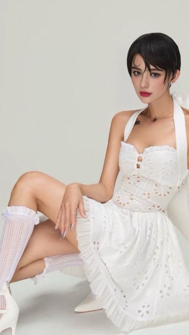 AIIZIE HALTER EMBROIDERED HOLLOW MINI DRESS IN WHITE - product image