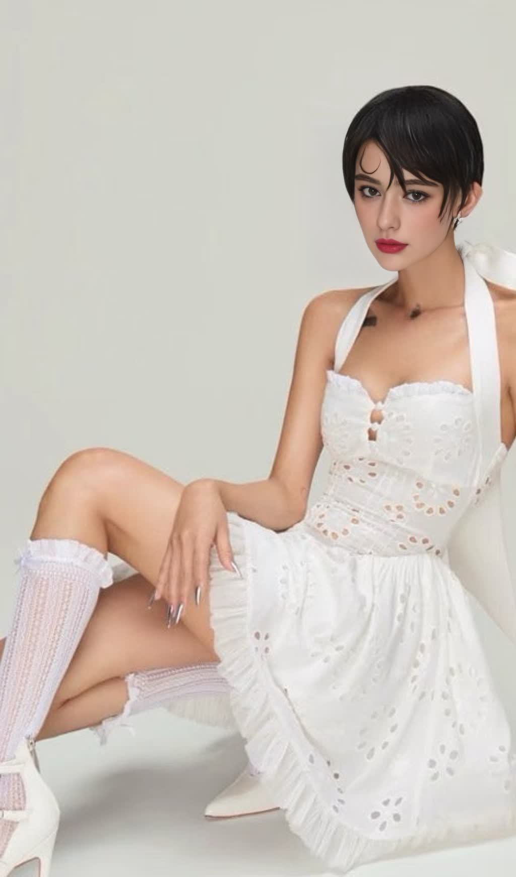 HALTER EMBROIDERED HOLLOW MINI DRESS IN WHITE