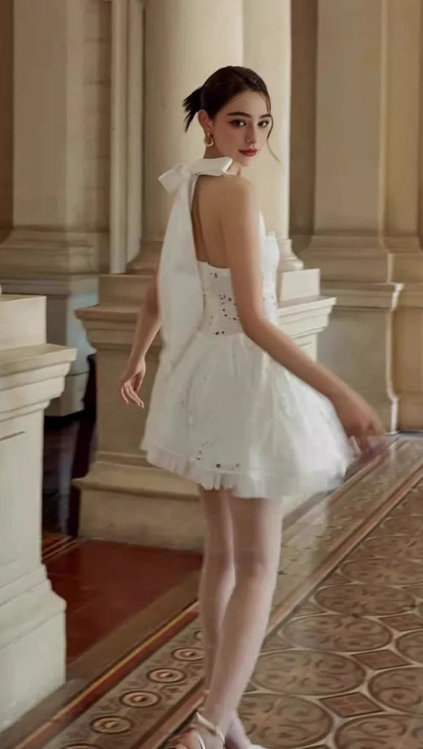 AIIZIE HALTER EMBROIDERED HOLLOW MINI DRESS IN WHITE - product image