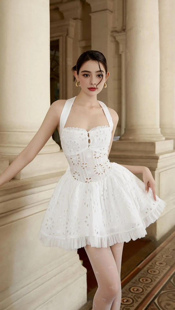 AIIZIE HALTER EMBROIDERED HOLLOW MINI DRESS IN WHITE - product image