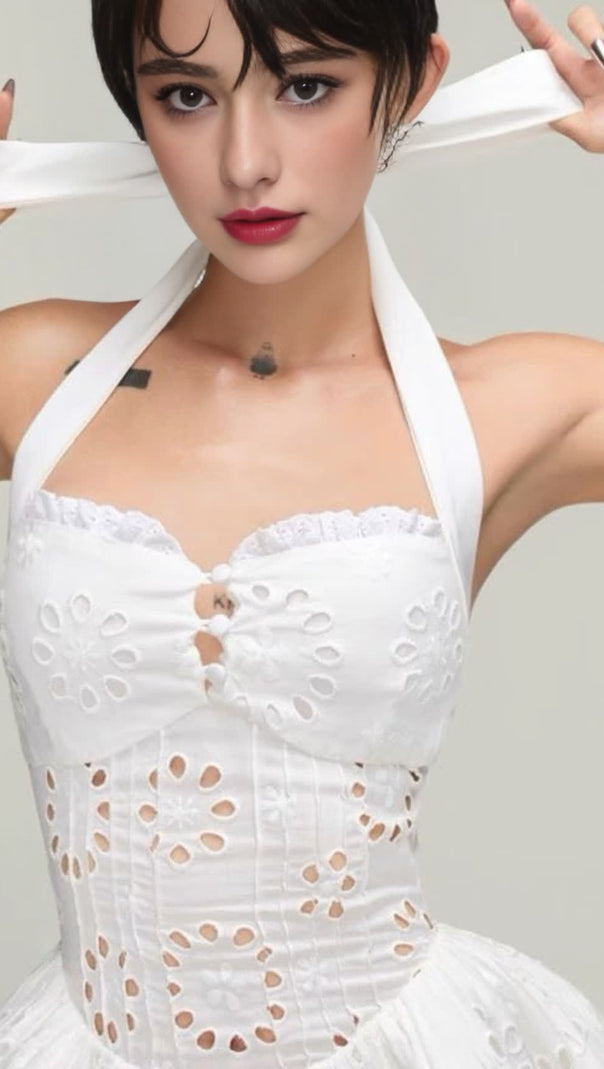 AIIZIE HALTER EMBROIDERED HOLLOW MINI DRESS IN WHITE - product image