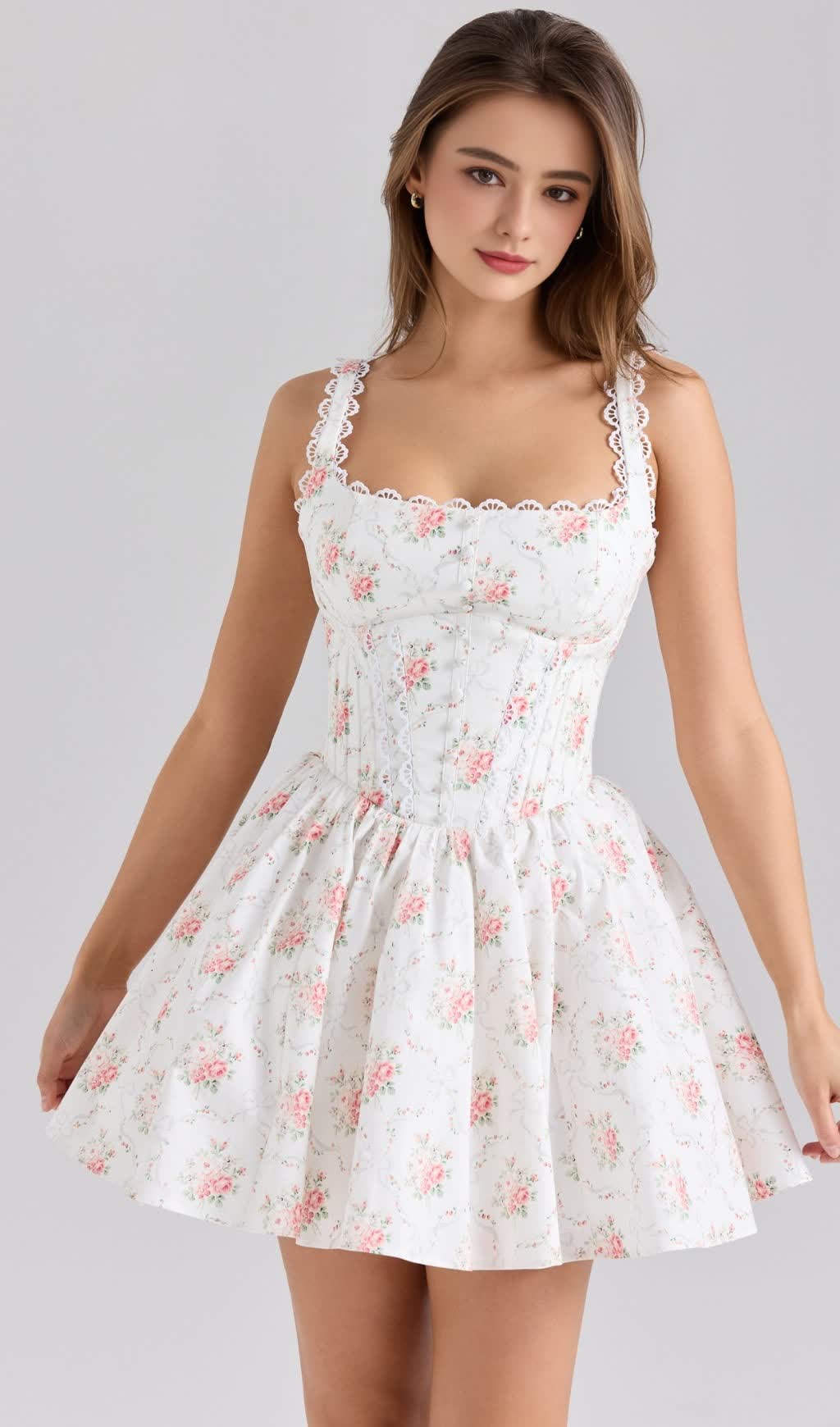 BEZAUBERNDES MINIKLEID AUS STRETCH-BAUMWOLLE MIT ROSENDRUCK