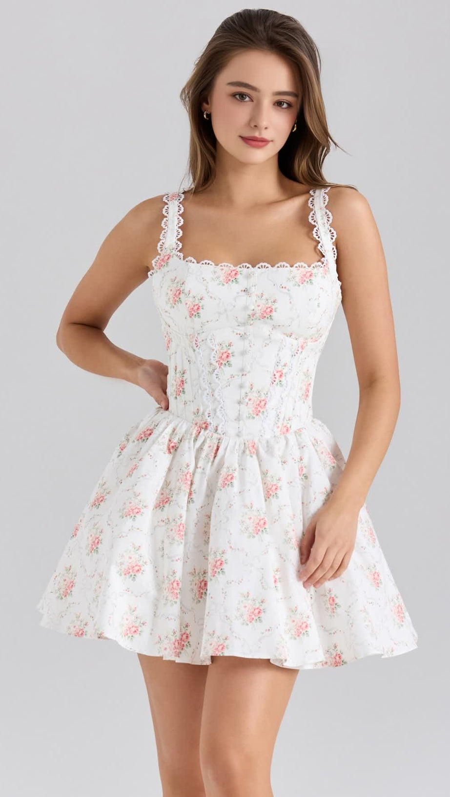 BEZAUBERNDES MINIKLEID AUS STRETCH-BAUMWOLLE MIT ROSENDRUCK