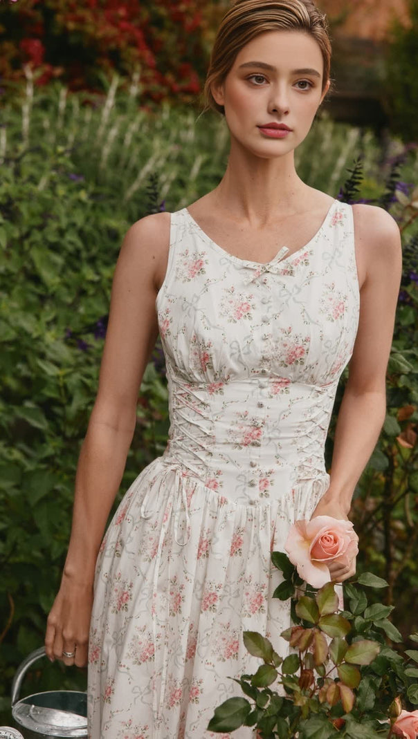 AIIZIE ENCHANTING ROSE PRINT STRETCH COTTON LACE UP MIDI DRESS - product image
