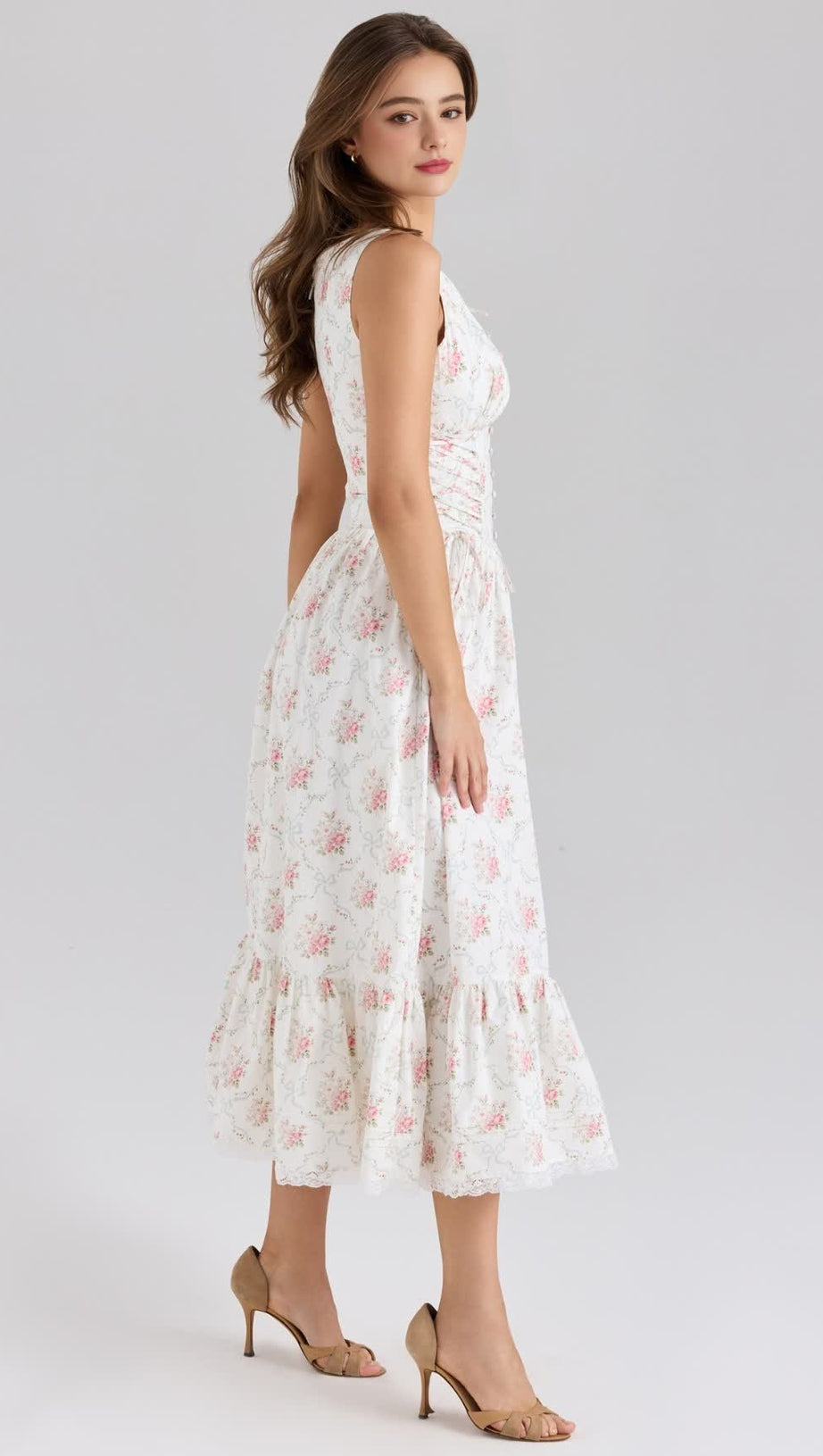 BEZAUBERNDES MIDIKLEID AUS STRETCH-BAUMWOLLE MIT ROSENDRUCK UND SCHNÜRUNG