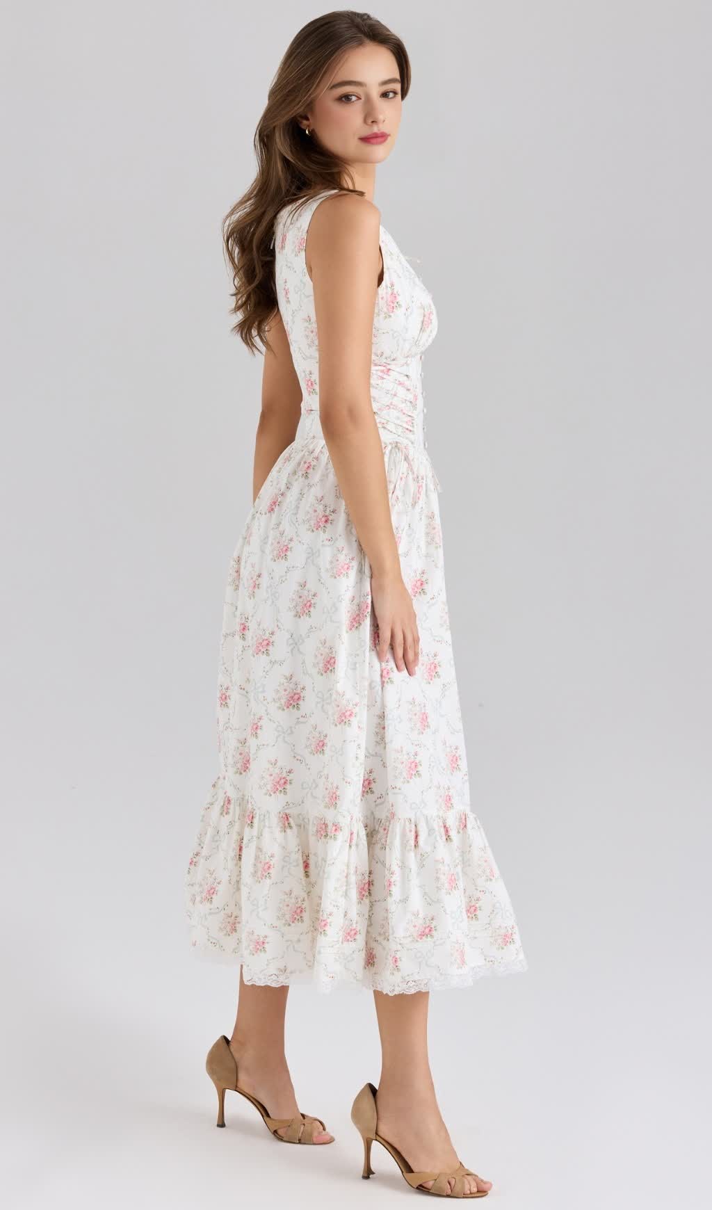 BEZAUBERNDES MIDIKLEID AUS STRETCH-BAUMWOLLE MIT ROSENDRUCK UND SCHNÜRUNG