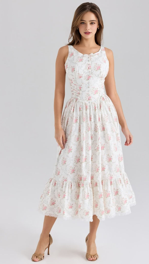 AIIZIE ENCHANTING ROSE PRINT STRETCH COTTON LACE UP MIDI DRESS - product image