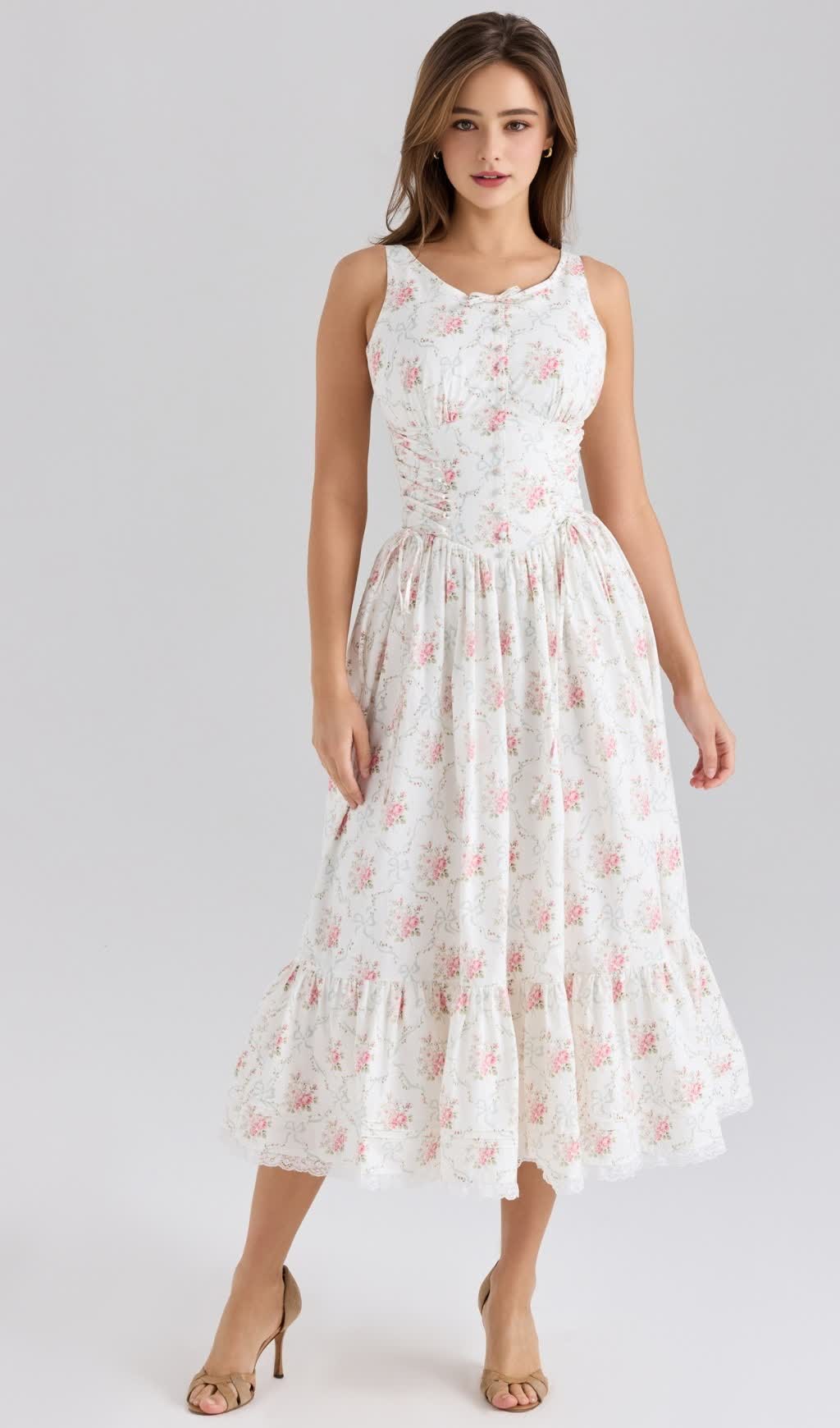 BEZAUBERNDES MIDIKLEID AUS STRETCH-BAUMWOLLE MIT ROSENDRUCK UND SCHNÜRUNG