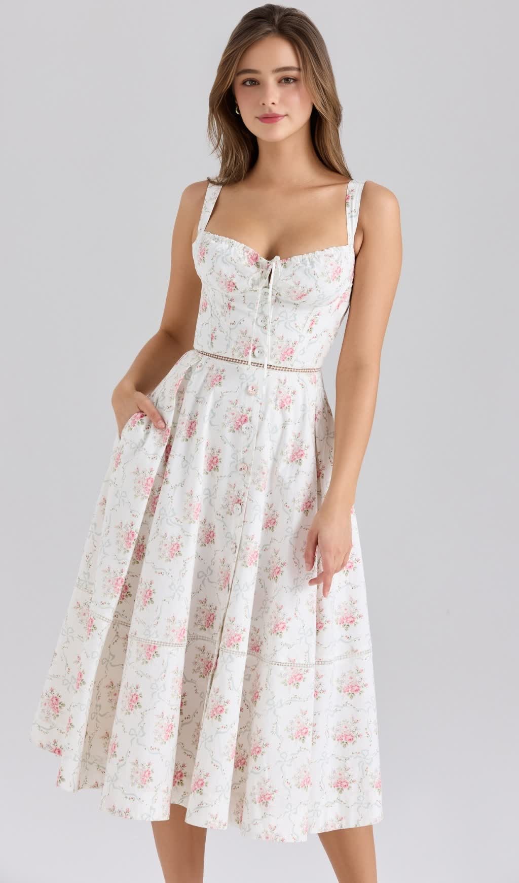 BEZAUBERNDES MIDIKLEID AUS BAUMWOLLE MIT ROSENDRUCK UND KNOPFVERSCHLUSS VORNE