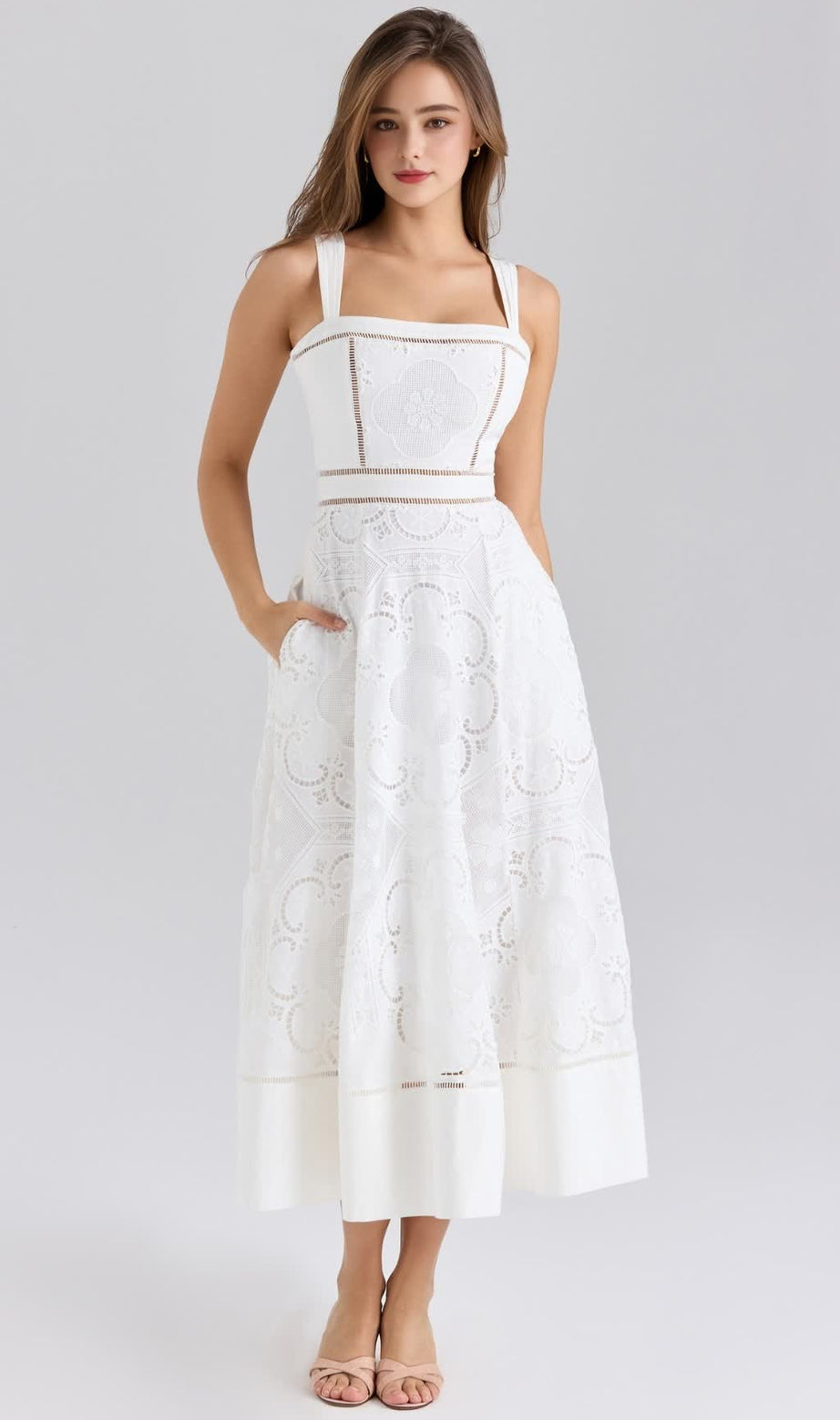 WHITE STRETCH COTTON EMBROIDERED MIDI DRESS
