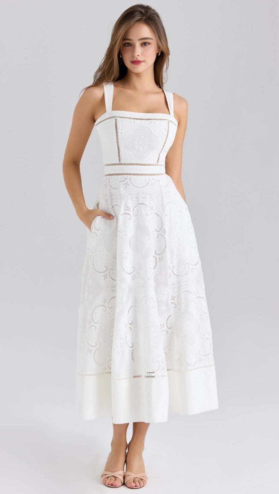 WHITE STRETCH COTTON EMBROIDERED MIDI DRESS