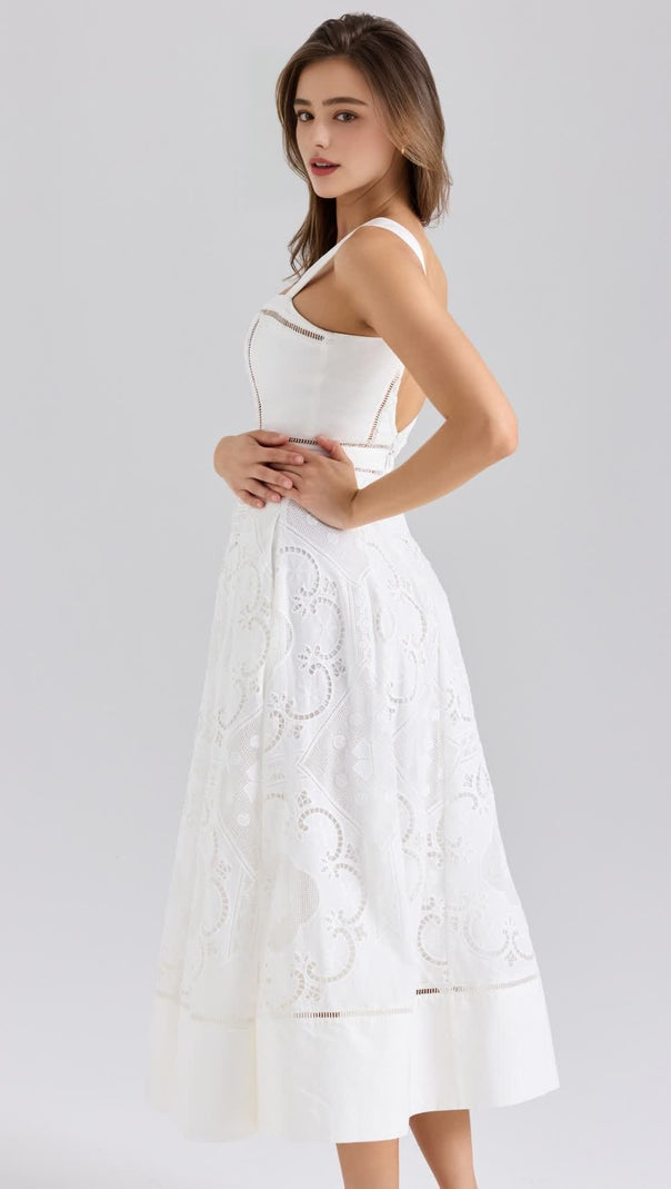 AIIZIE WHITE STRETCH COTTON EMBROIDERED MIDI DRESS - product image