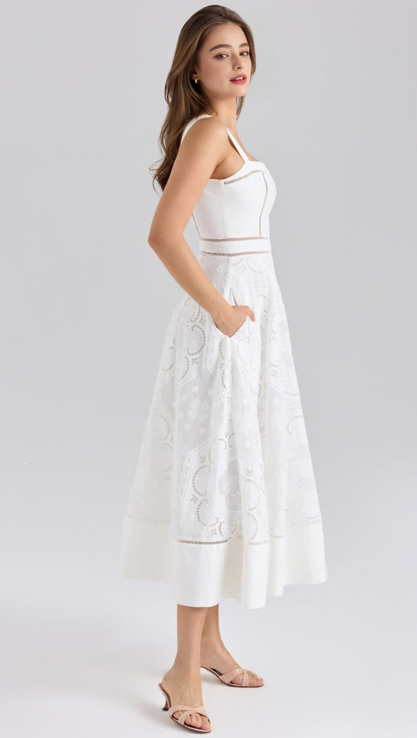 AIIZIE WHITE STRETCH COTTON EMBROIDERED MIDI DRESS - product image