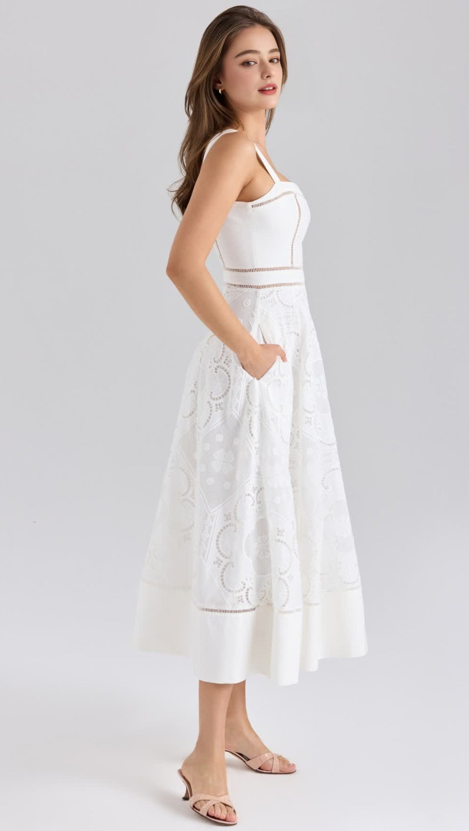 WEISSES MIDIKLEID AUS STRETCH-BAUMWOLLE MIT STICKEREI