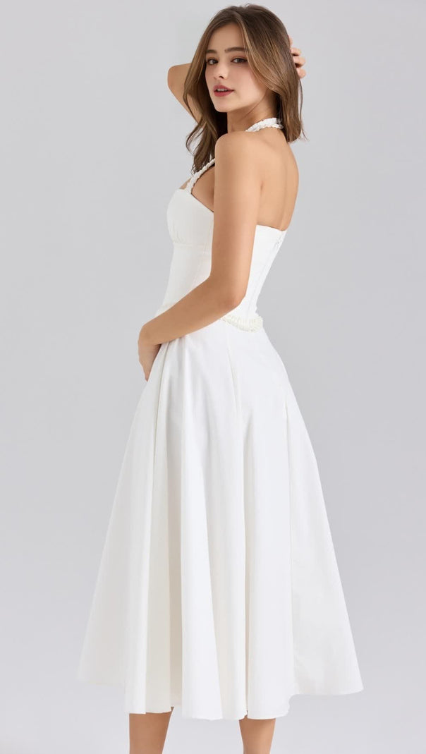 AIIZIE WHITE STRETCH COTTON NECK EDGING MIDI DRESS - product image