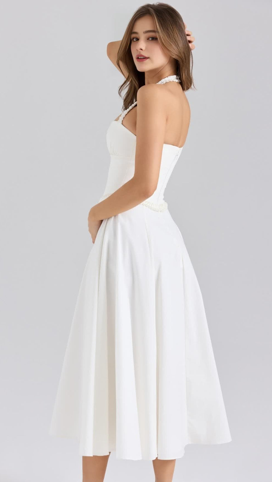 WEISSES MIDIKLEID AUS STRETCH-BAUMWOLLE MIT HALSRAND 