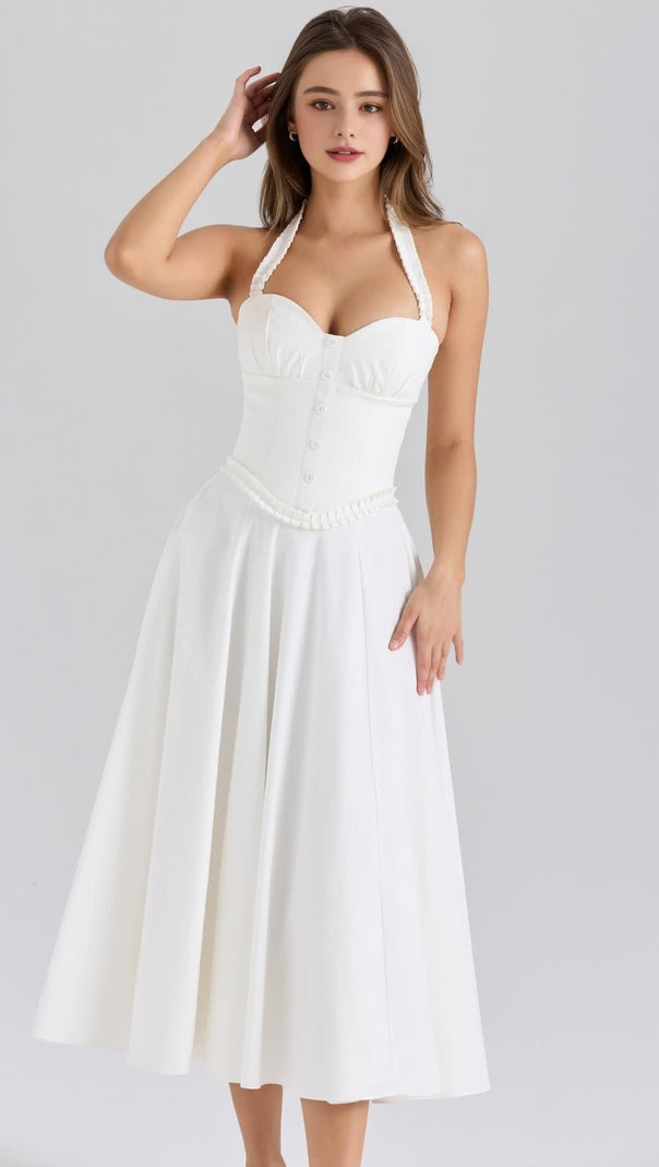 AIIZIE WHITE STRETCH COTTON NECK EDGING MIDI DRESS - product image