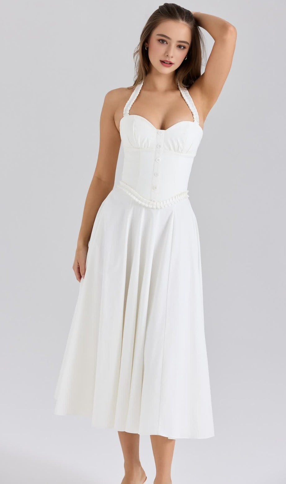 WHITE STRETCH COTTON NECK EDGING MIDI DRESS