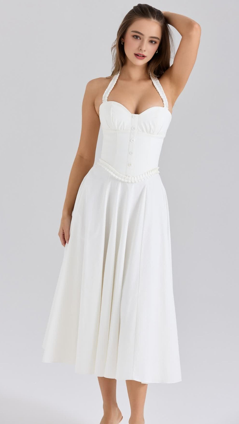 WHITE STRETCH COTTON NECK EDGING MIDI DRESS