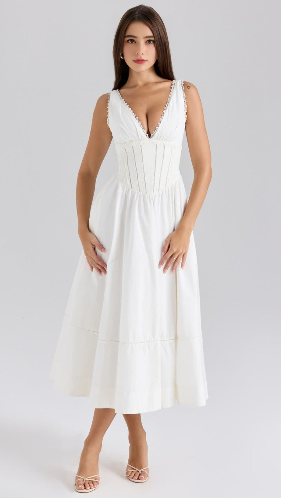 V-NECK WHITE STRETCH COTTON MIDI SUN DRESS