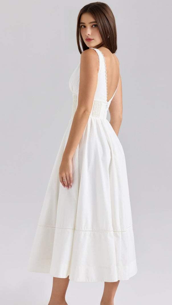 AIIZIE V-NECK WHITE STRETCH COTTON MIDI SUN DRESS - product image