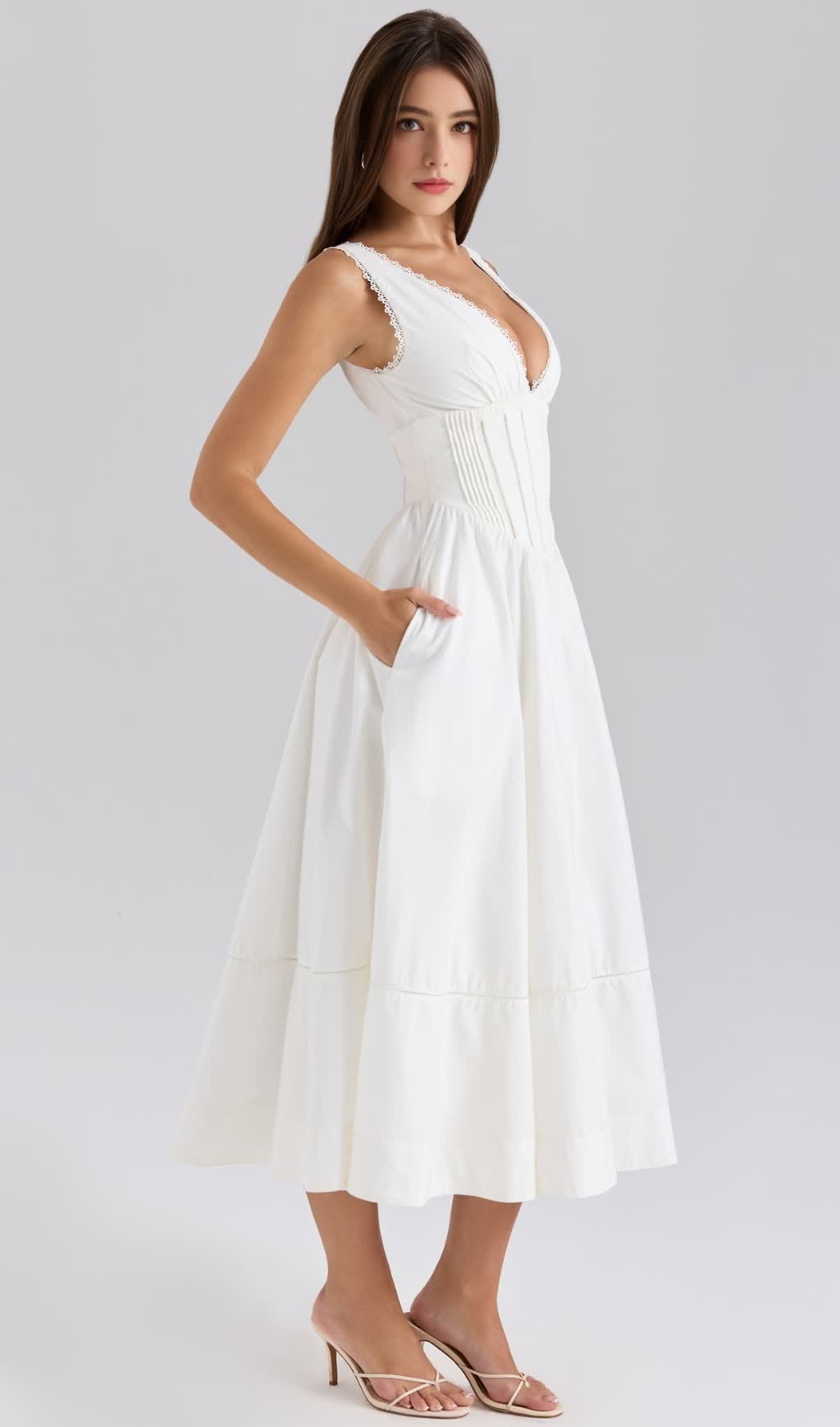 MIDI-SOMMERKLEID AUS STRETCH-BAUMWOLLE MIT V-AUSSCHNITT IN WEISS 