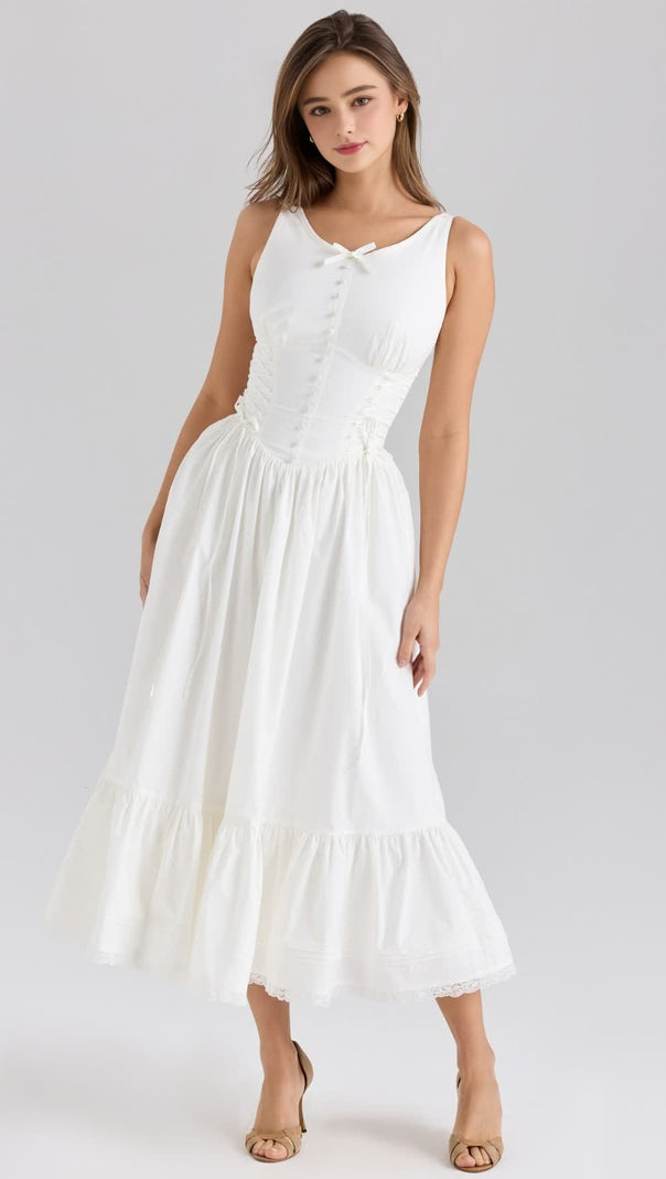 AIIZIE WHITE STRETCH COTTON BOW LACE UP MIDI DRESS - product image