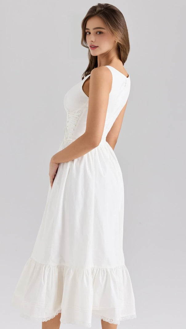 AIIZIE WHITE STRETCH COTTON BOW LACE UP MIDI DRESS - product image