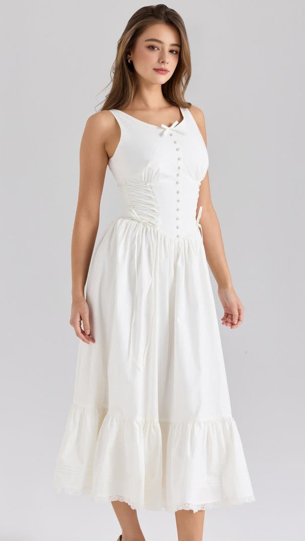 AIIZIE WHITE STRETCH COTTON BOW LACE UP MIDI DRESS - product image