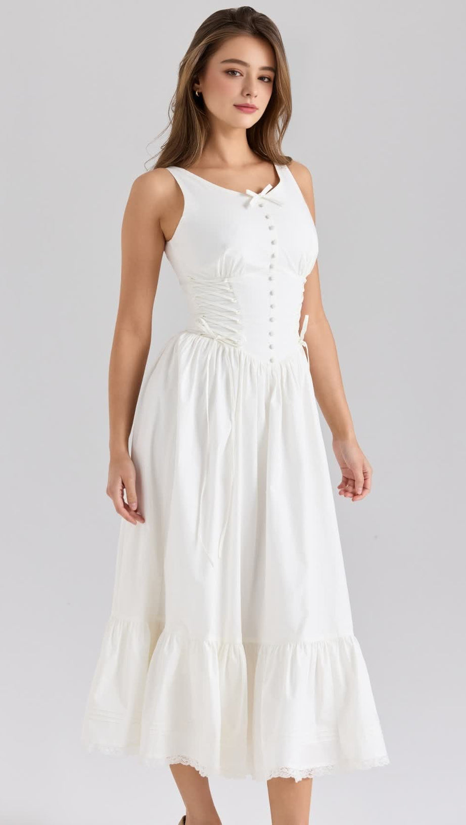 WEISSES MIDIKLEID AUS STRETCH-BAUMWOLLE MIT SCHLEIFE UND SCHNÜRUNG