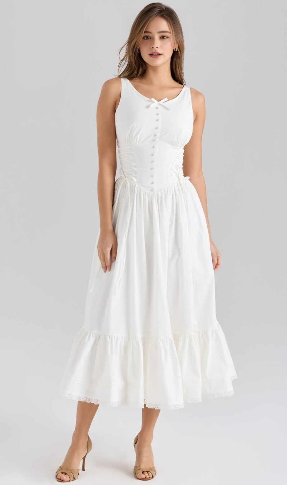 WHITE STRETCH COTTON BOW LACE UP MIDI DRESS