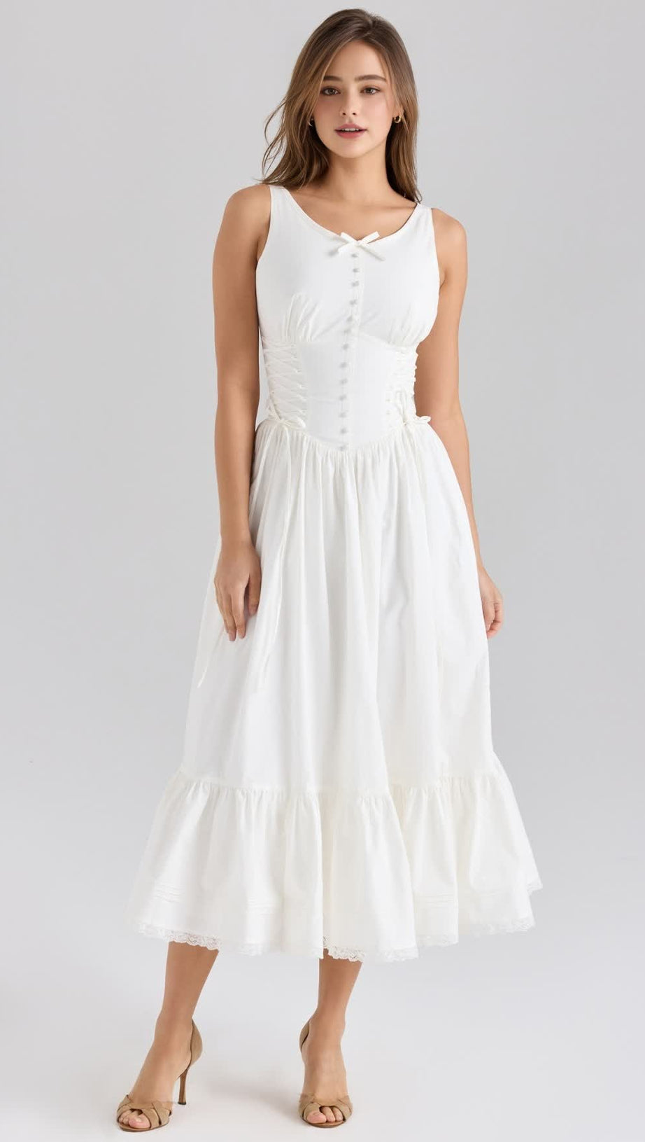 WHITE STRETCH COTTON BOW LACE UP MIDI DRESS