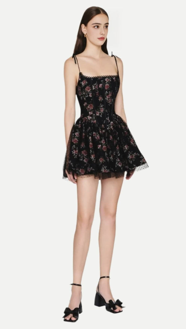 AIIZIE JUBIN MESH PRINTED FISHBONE MINI DRESS IN BLACK - product image