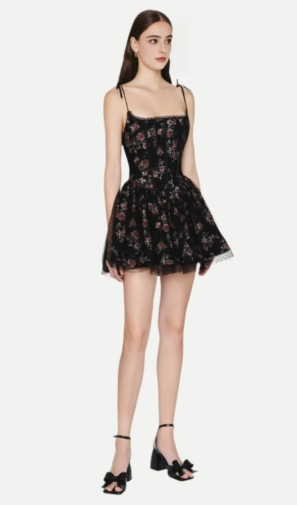 Jubin Mesh printed fishbone mini dress in black