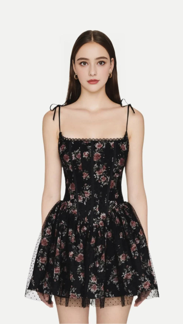 AIIZIE JUBIN MESH PRINTED FISHBONE MINI DRESS IN BLACK - product image