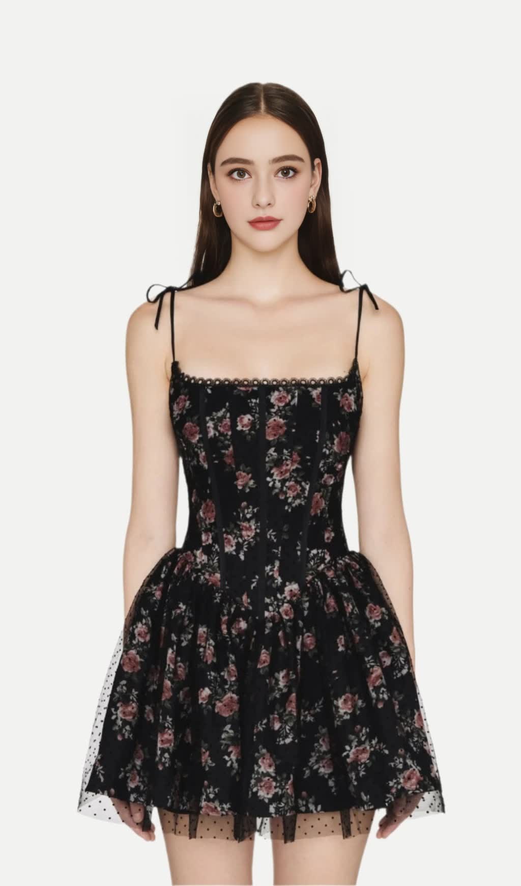 JUBIN MESH PRINTED FISHBONE MINI DRESS IN BLACK