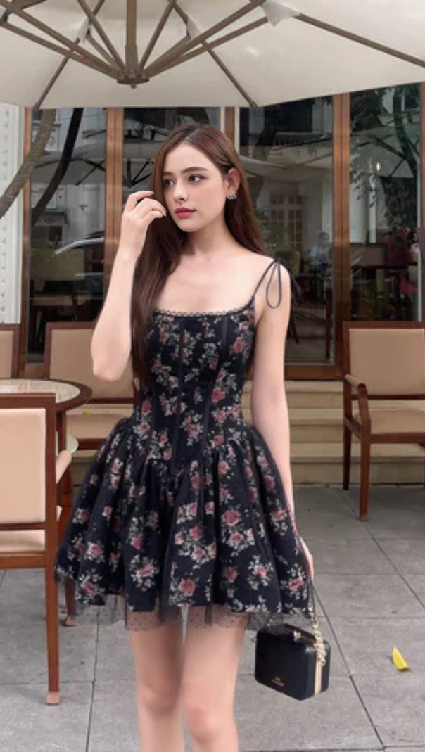 AIIZIE JUBIN MESH PRINTED FISHBONE MINI DRESS IN BLACK - product image