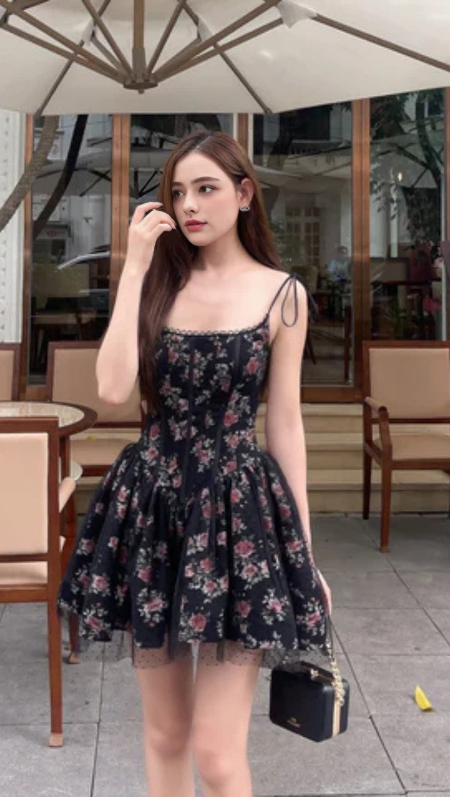 JUBIN MESH PRINTED FISHBONE MINI DRESS IN BLACK