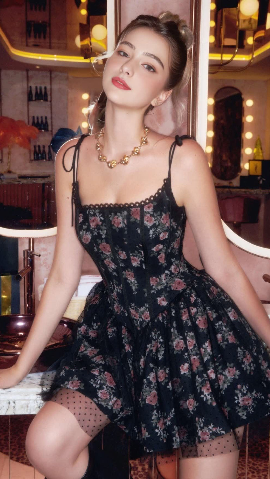 JUBIN MESH PRINTED FISHBONE MINI DRESS IN BLACK