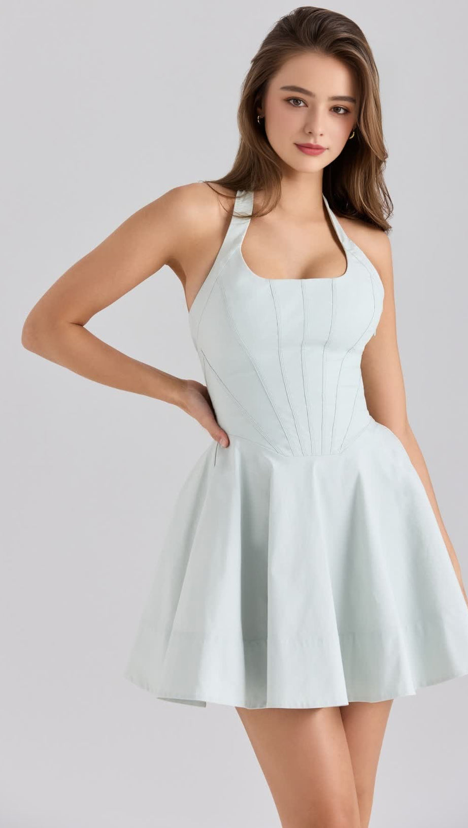 GREEN PISTACHIO STRETCH COTTON HALTER NECK MINI DRESS