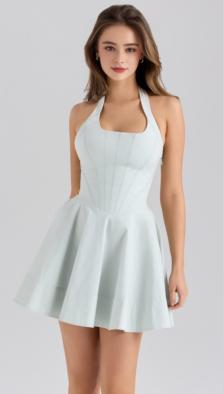 GREEN PISTACHIO STRETCH COTTON HALTER NECK MINI DRESS