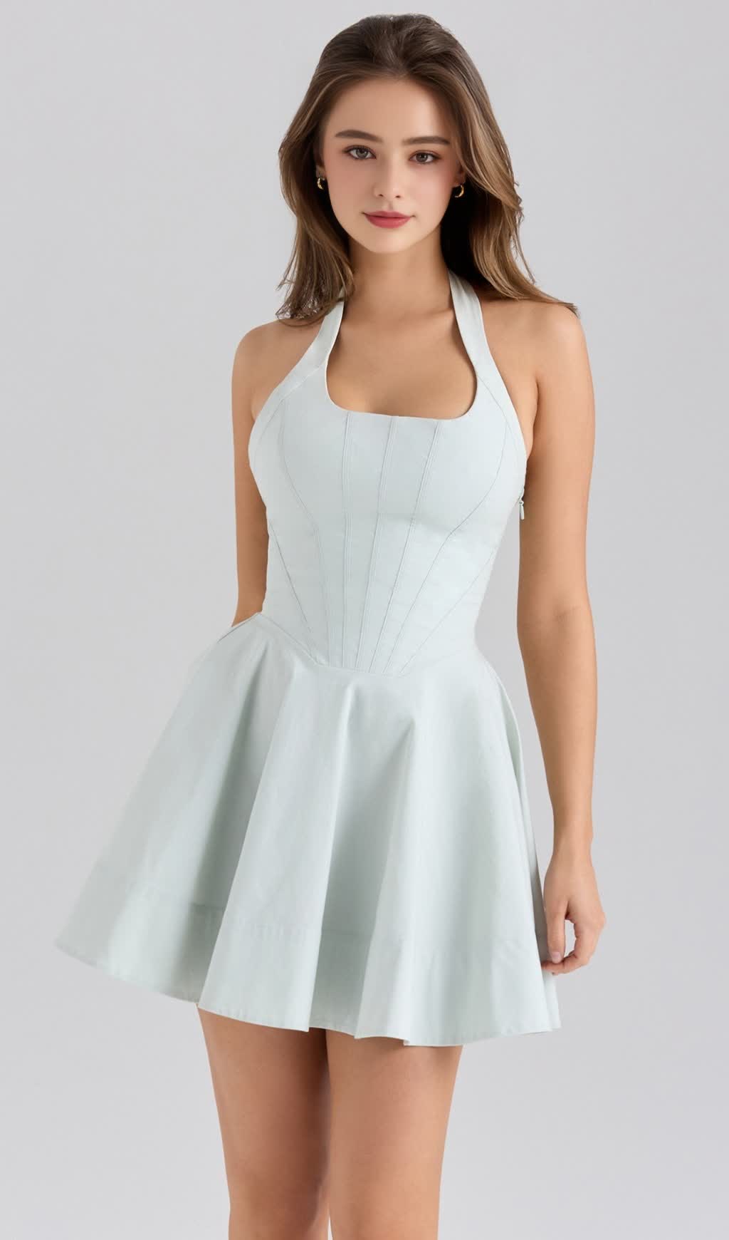 GREEN PISTACHIO STRETCH COTTON HALTER NECK MINI DRESS