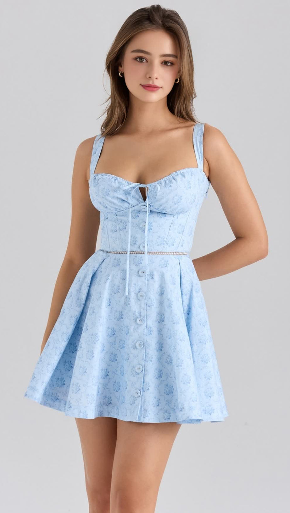 BLUE STRAPLESS FLORAL PRINT MINI DRESS