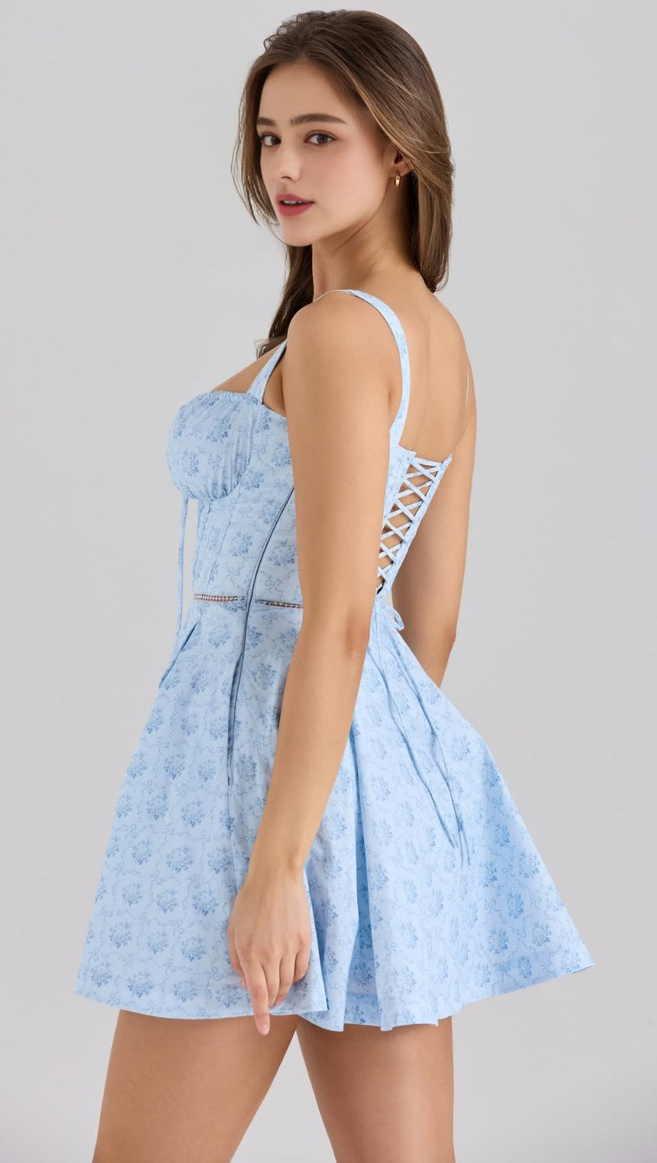 BLUE STRAPLESS FLORAL PRINT MINI DRESS