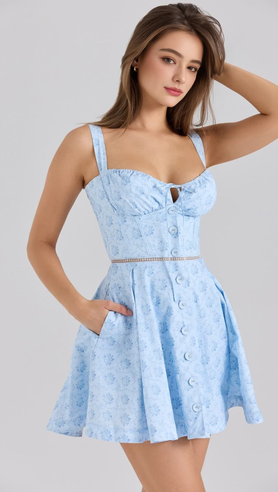 BLUE STRAPLESS FLORAL PRINT MINI DRESS