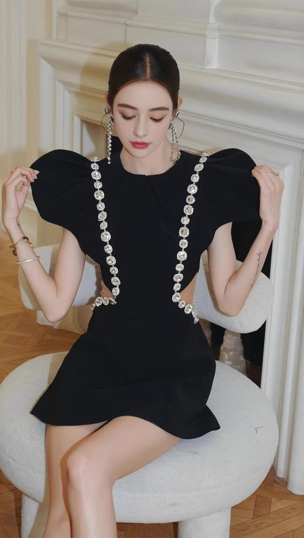 AIIZIE THREE-DIMENSIONAL RUFFLE RHINESTONE HOLLOW MINI DRESS IN BLACK - product image