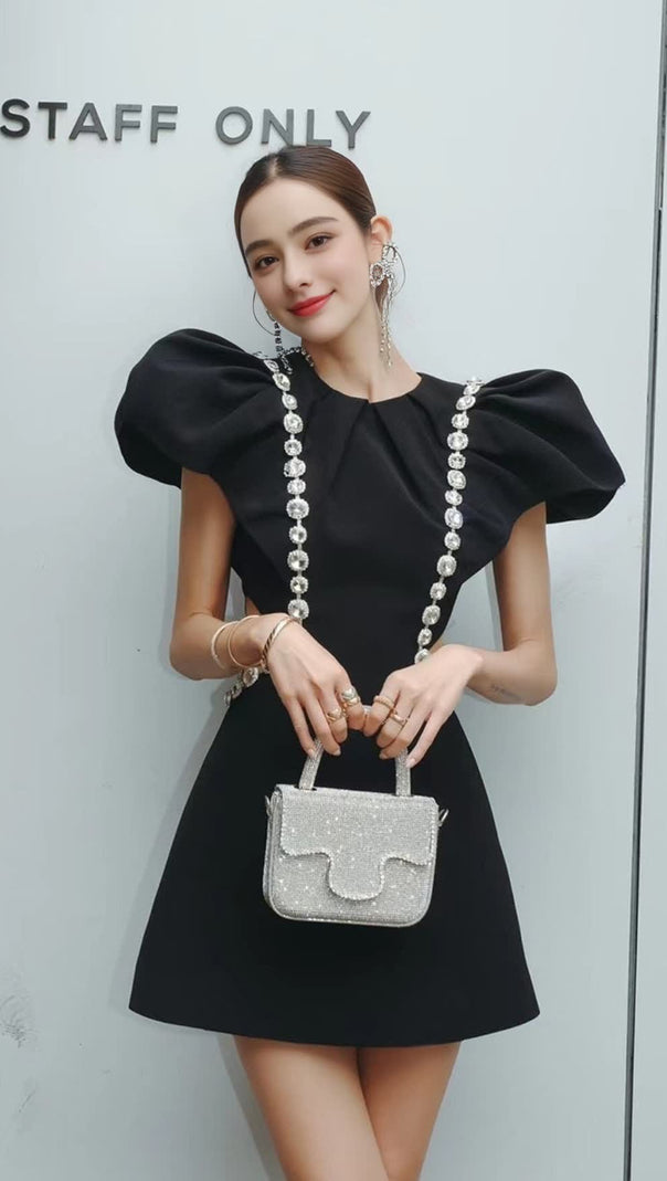 AIIZIE THREE-DIMENSIONAL RUFFLE RHINESTONE HOLLOW MINI DRESS IN BLACK - product image