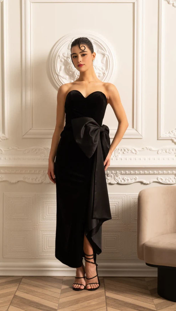 AIIZIE BOW IRREGULAR ASYMMETRIC SLEEVELESS MIDI DRESS IN BLACK - product image