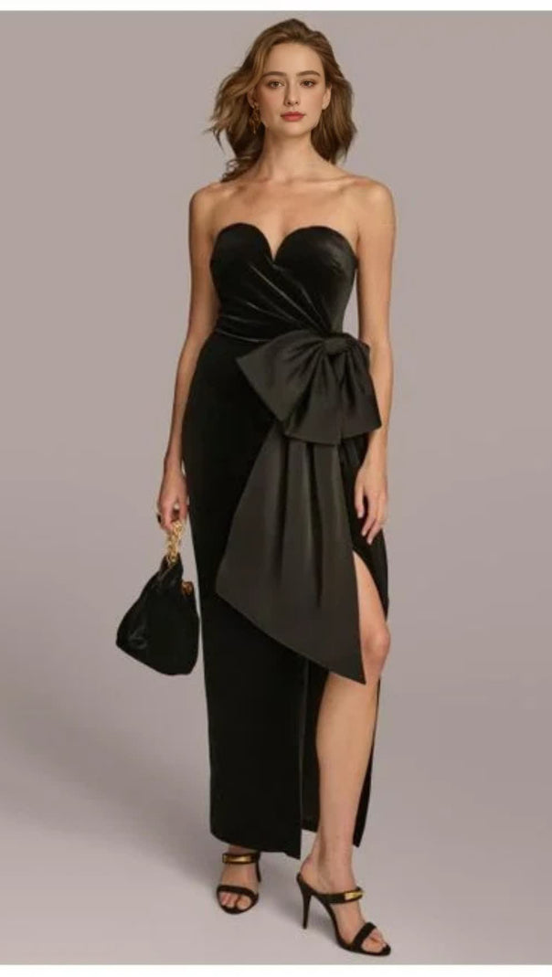 AIIZIE BOW IRREGULAR ASYMMETRIC SLEEVELESS MIDI DRESS IN BLACK - product image