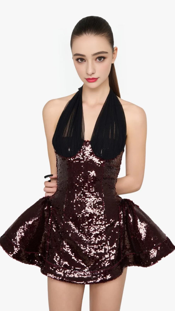 AIIZIE GISELLE SEQUIN HALTER MINI DRESS IN MERLOT - product image